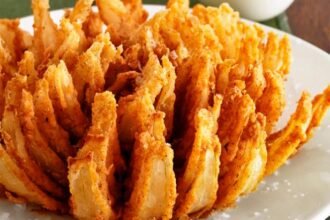 Cebola crocante tipo Outback empanada servida com molho caseiro