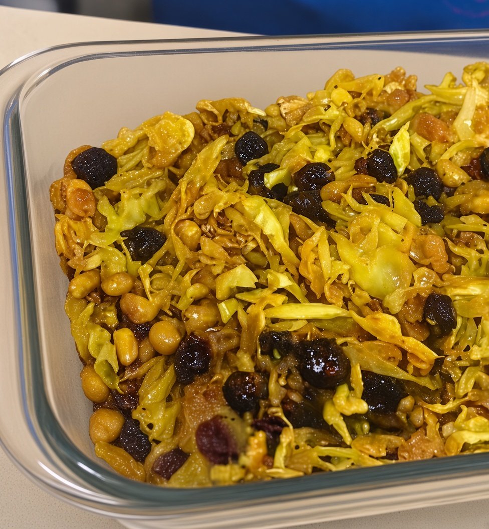 Caponata de repolho assado com uvas-passas, amendoim e temperos.