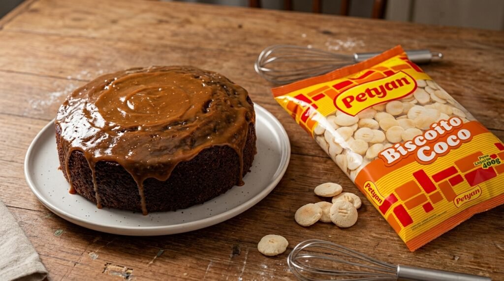 Bolo de biscoito Pocazoi com whey de chocolate e calda cremosa de cacau