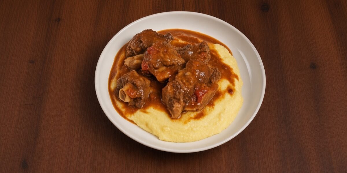 Rabada bovina com molho de tomate, agrião fresco e angu cremoso