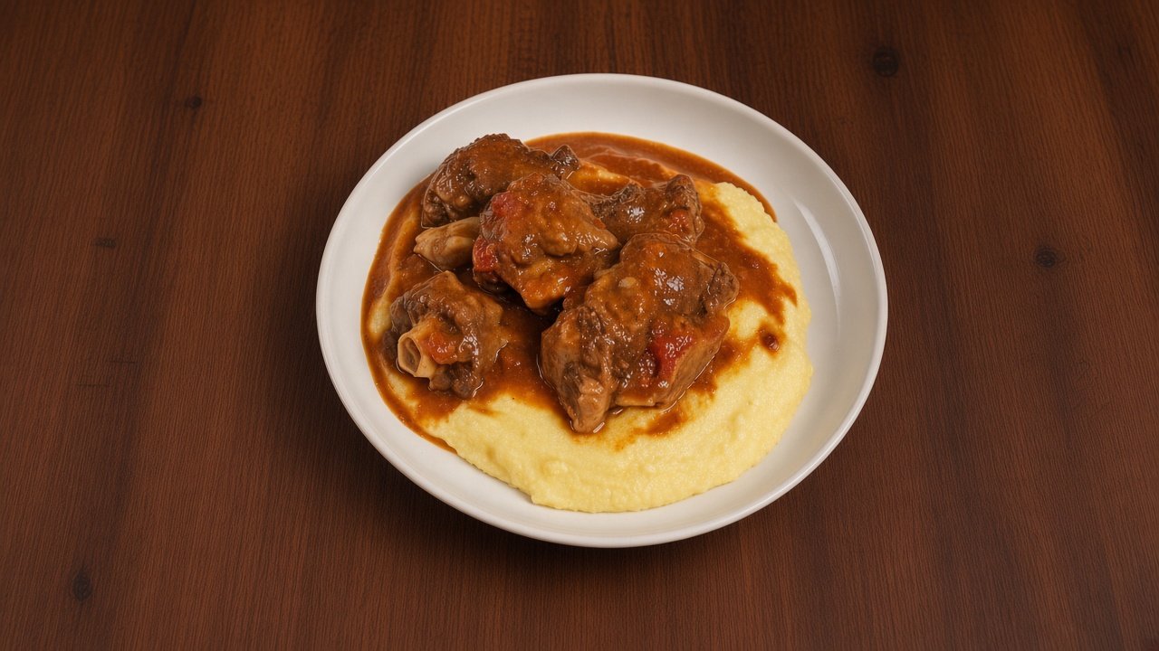 Rabada bovina com molho de tomate, agrião fresco e angu cremoso