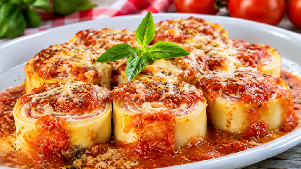 Rondelli de presunto e queijo ao molho de tomate com queijo gratinado e manjericão