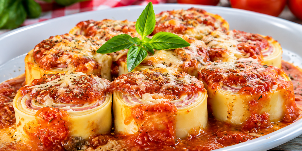 Rondelli de presunto e queijo ao molho de tomate com queijo gratinado e manjericão