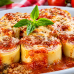 Rondelli de presunto e queijo ao molho de tomate com queijo gratinado e manjericão