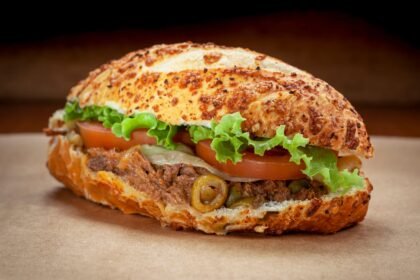 Ropa Vieja de carne desfiada servida em pão francês