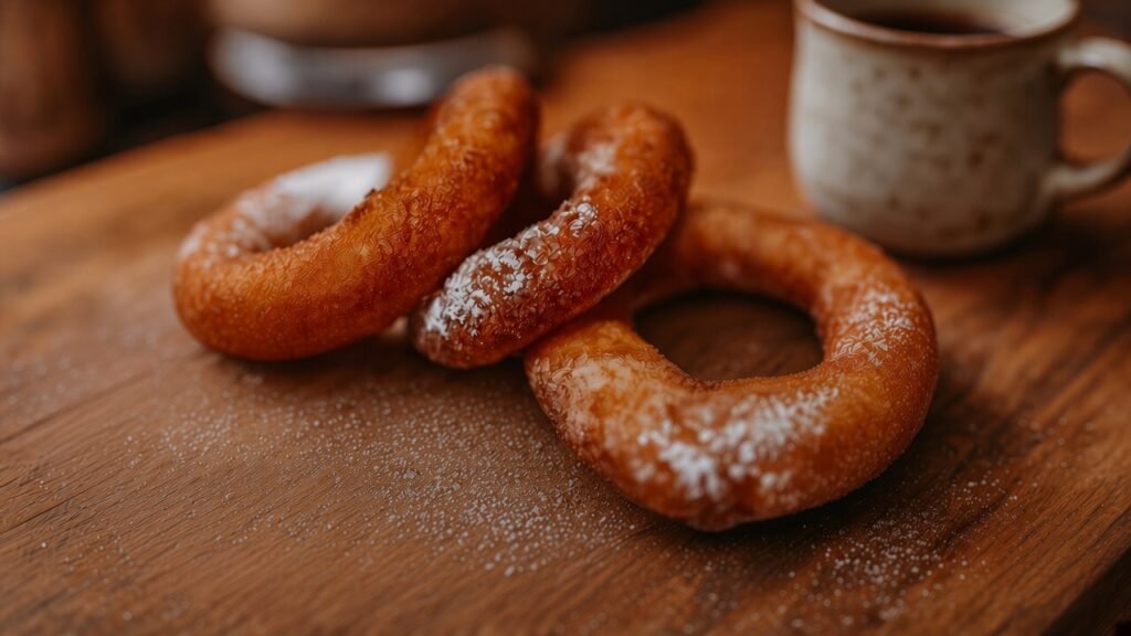 Rosquinhas fritas caseiras douradas polvilhadas com açúcar